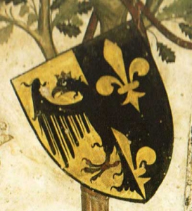 Wappen Karls des Großen von 1420 (Fabel- oder Phantasiewappen) (aus: Georg Scheibelreiter, Wappen im Mittelalter, Darmstadt 2014, S. 178)