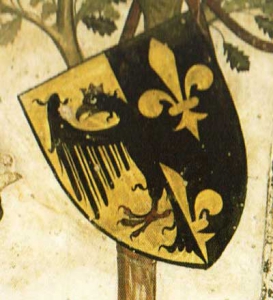 Wappen Karls des Großen von 1420 (Fabel- oder Phantasiewappen) (aus Georg Scheibelreiter, Wappen im Mittelalter, Darmstadt 2014, S. 178)