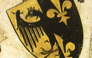 Wappen Karls des Großen von 1420 (Fabel- oder Phantasiewappen) (aus Georg Scheibelreiter, Wappen im Mittelalter, Darmstadt 2014, S. 178)